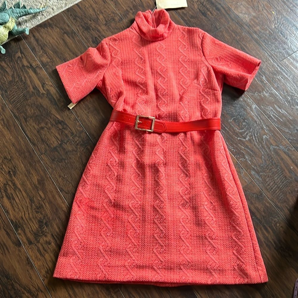 VTG New 60s Toni Todd Salmon Pink Dress Belt turtle neck Collar modern size 12